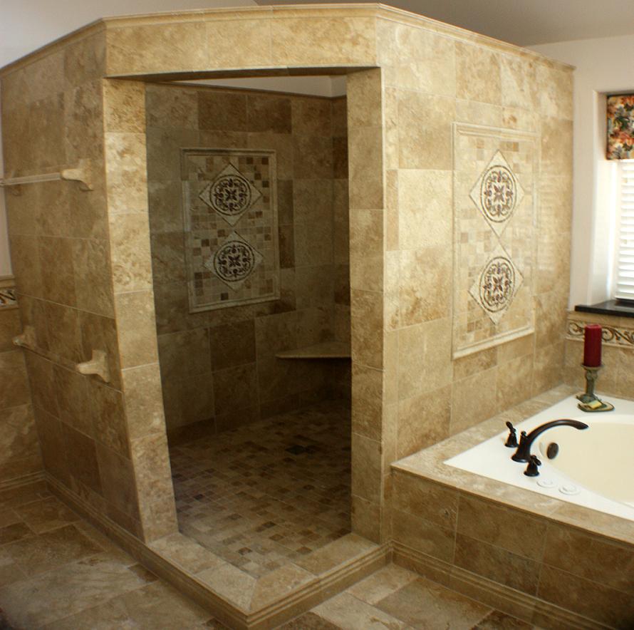 bathroom-bathroom-remodeling-idea-with-doorless-cornered-shower-stall-designed-with-brown-tile-wall-and-floor-combine-with-white-bathtub-and-black-faucet-bathroom-shower-stall-tile-designs