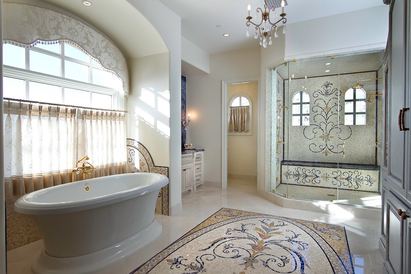 bathroom-gorgeous-image-of-bathroom-decoration-using-mosaic-medallion-bathroom-flooring-including-white-glass-crystal-bathroom-chandelier-and-cream-mosaic-medallion-high-end-bathroom-tile-interactive