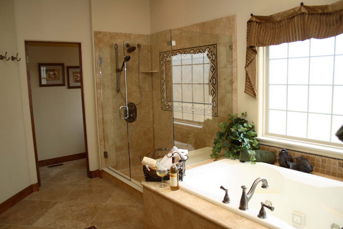 bathroom-incredible-design-ideas-using-brown-valance-and-rectangular-white-bathtubs-also-with-rectangular-glass-shower-doors-and-tile-shower-shelf-adorable-bathrooms-look-using-tile-shower-shelf-idea