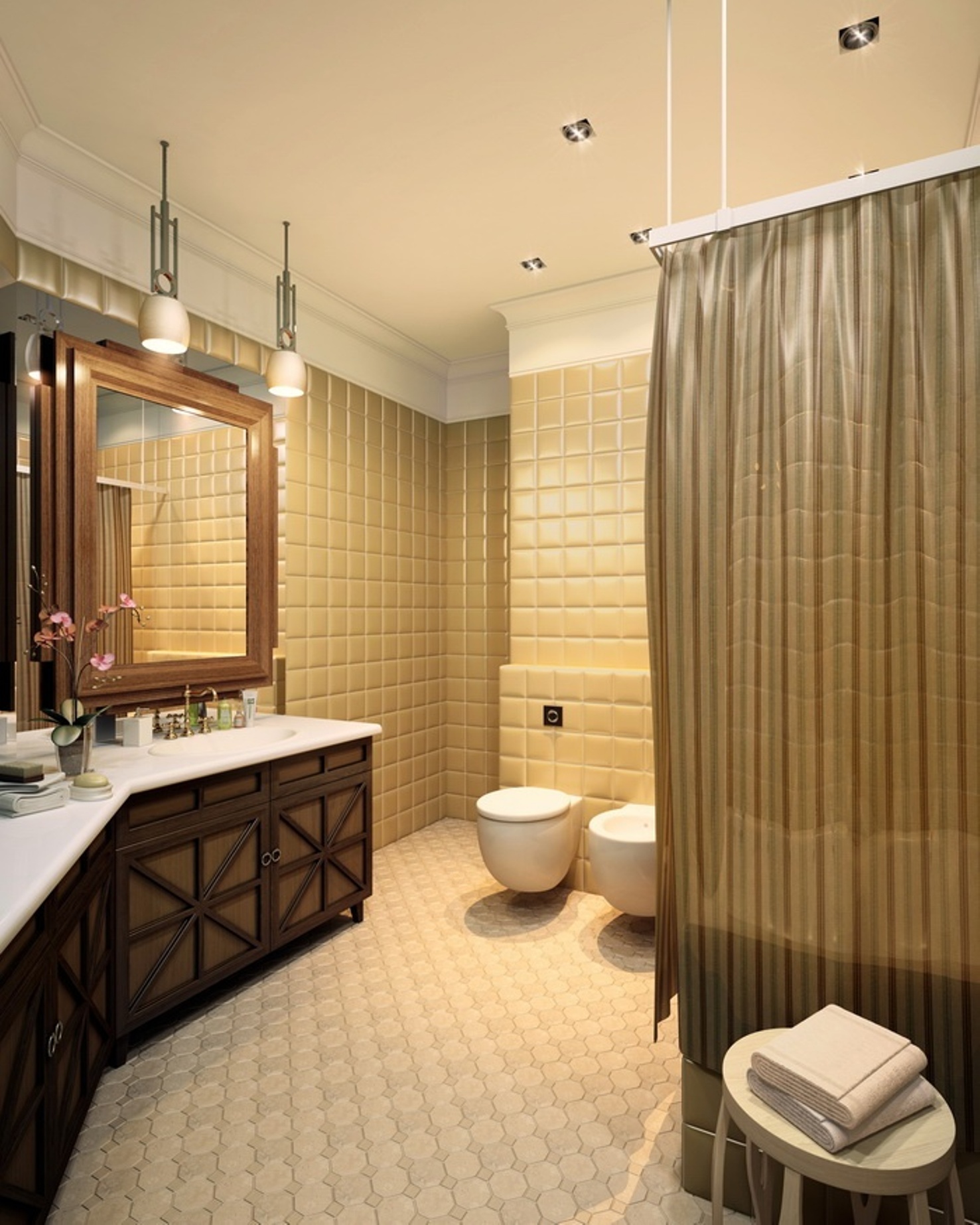 brown-art-deco-bathroom-with-floatin-toilet-and-bidet-and-tub-with-curtain-and-bathroom-vanity