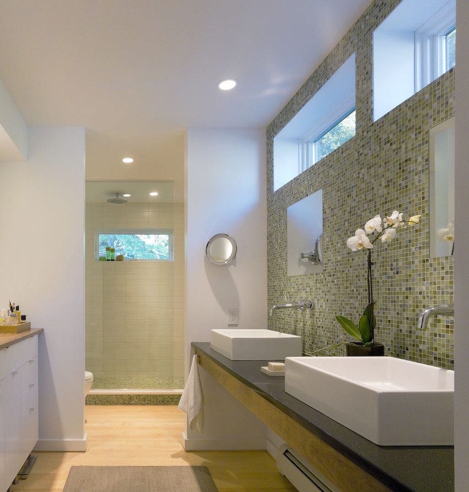 frameless-cabinets-Bathroom-Farmhouse-with-black-counter-blonde-wood