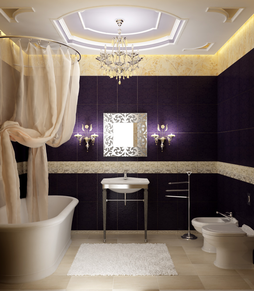 Luxury Bathroom Designs Pictures Purple Tile Bathroom Wall Cream Curtain