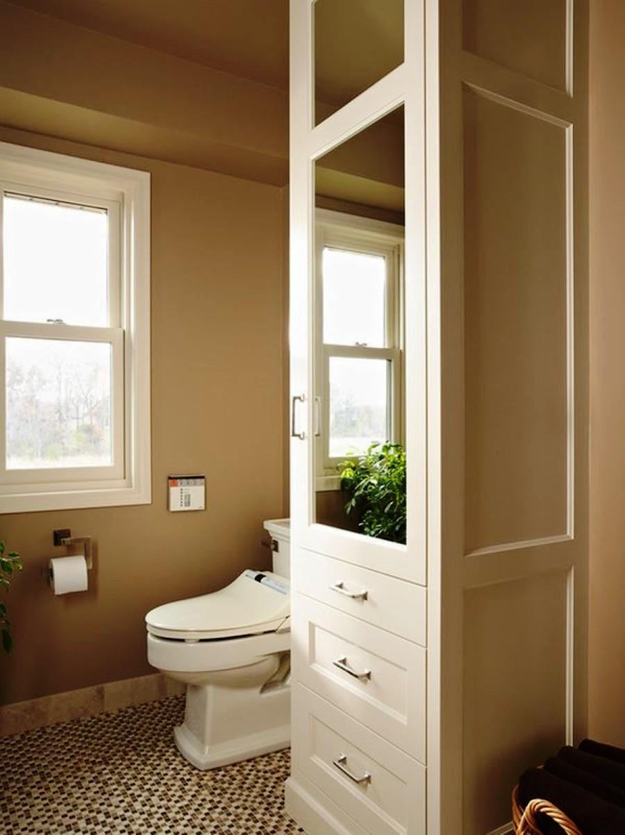 plain-brown-wall-paint-mixed-with-white-bathroom-storage-near-toilet-plus-zigzag-floor-tile-design