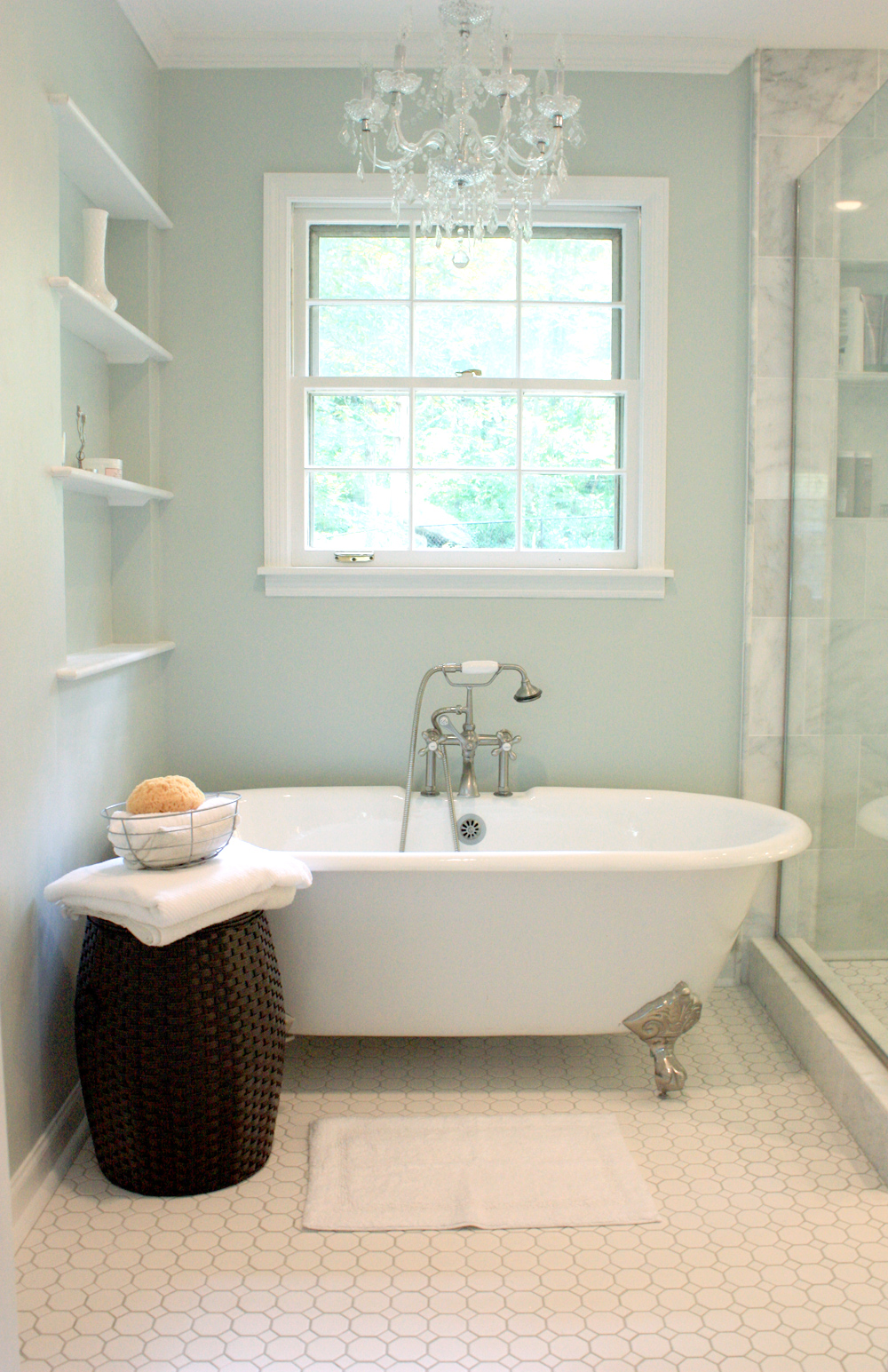 pretty-crystal-bathroom-chandelier-mixed-with-attractive-brown-tile-floor-and-perforated-end-table