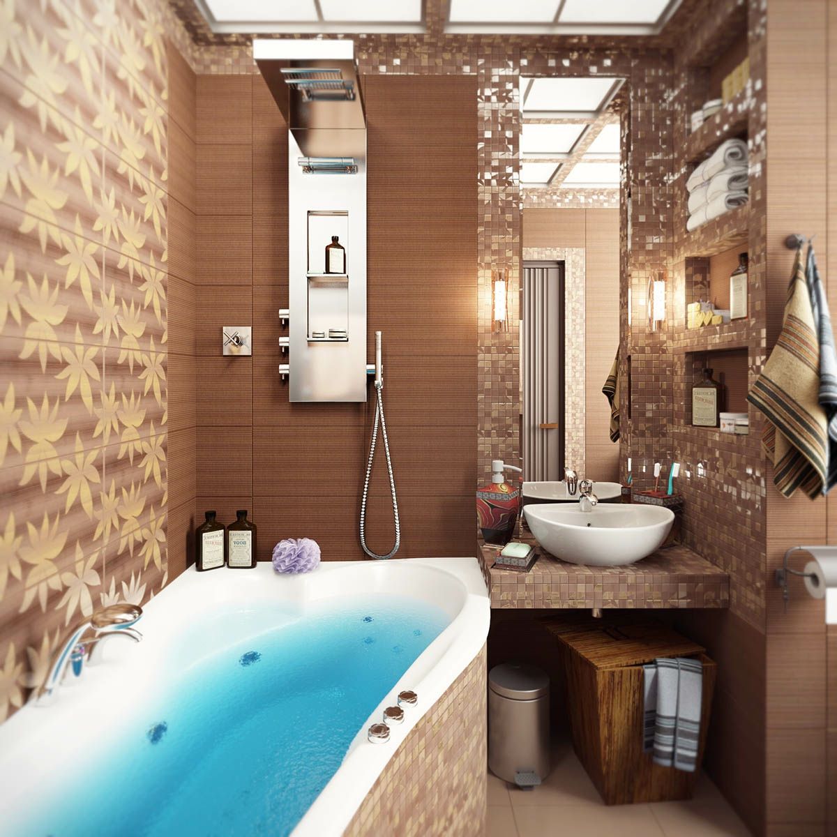 soft-brown-paint-and-bathroom-with-flower-bathroom-tiles-design