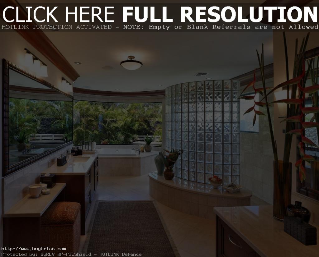 stunning-tropical-bathroom-design-with-decorative-mirror-and-hexagon-bathtub-also-beige-ceramic-tile-floor-and-wooden-double-vanity-and-square-undermount-sink-idea